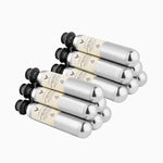 Stack of metallic silver CO2 cartridges with black tops and labeling for beverage carbonation.