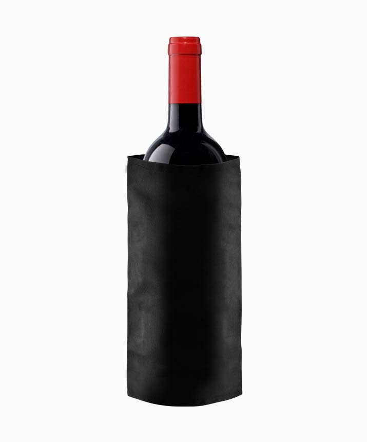 Red wine bottle partially covered by a sleek black wine cooler.