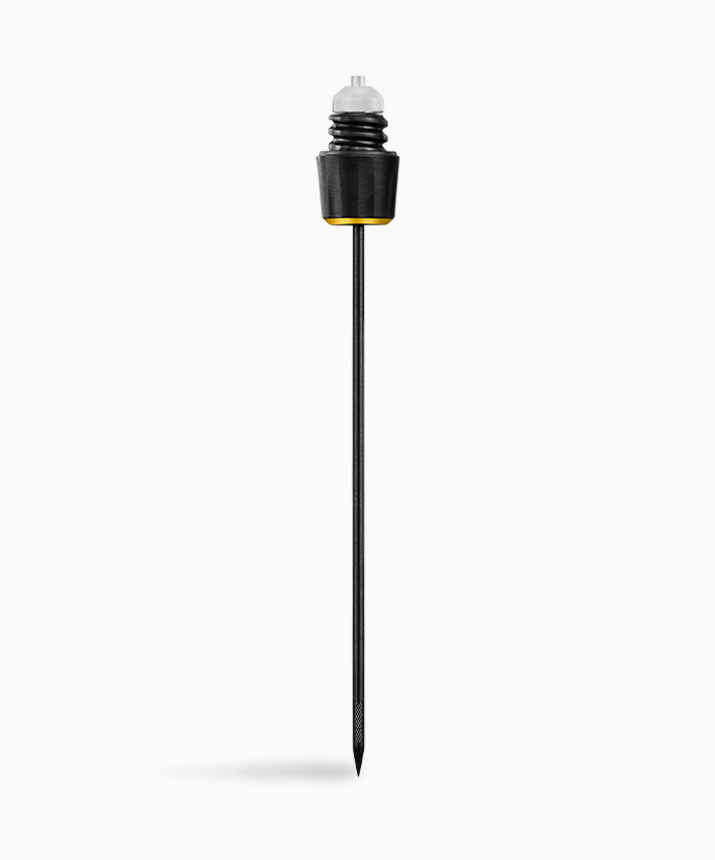 Black and yellow wire stake with a rubber top, designed for securing tents or outdoor gear.