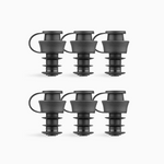 Set of six black rubber stoppers, each featuring a handle and ribbed bottom for secure placement.
