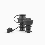 Two black, cylindrical bottle stoppers with pull cords, designed for sealing various containers.
