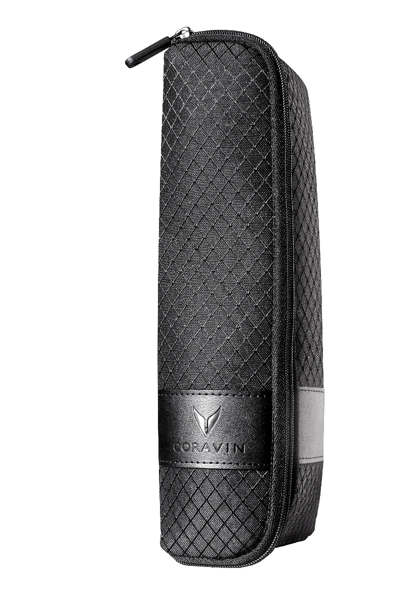 Black, textured storage case with a silver Coravin logo, designed for protective transport of wine accessories.