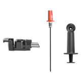 Three car ignition coil components: one black base, a red tip connector, and a black cylindrical part.
