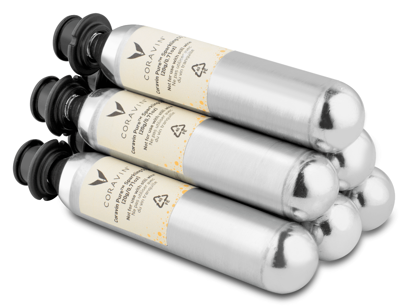 Four Coravin patent sparging gas canisters stacked on top of each other, featuring yellow labels and silver bodies.