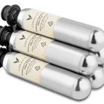 Four Coravin patent sparging gas canisters stacked on top of each other, featuring yellow labels and silver bodies.