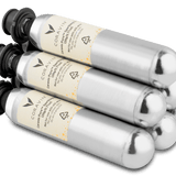Four Coravin patent sparging gas canisters stacked on top of each other, featuring yellow labels and silver bodies.