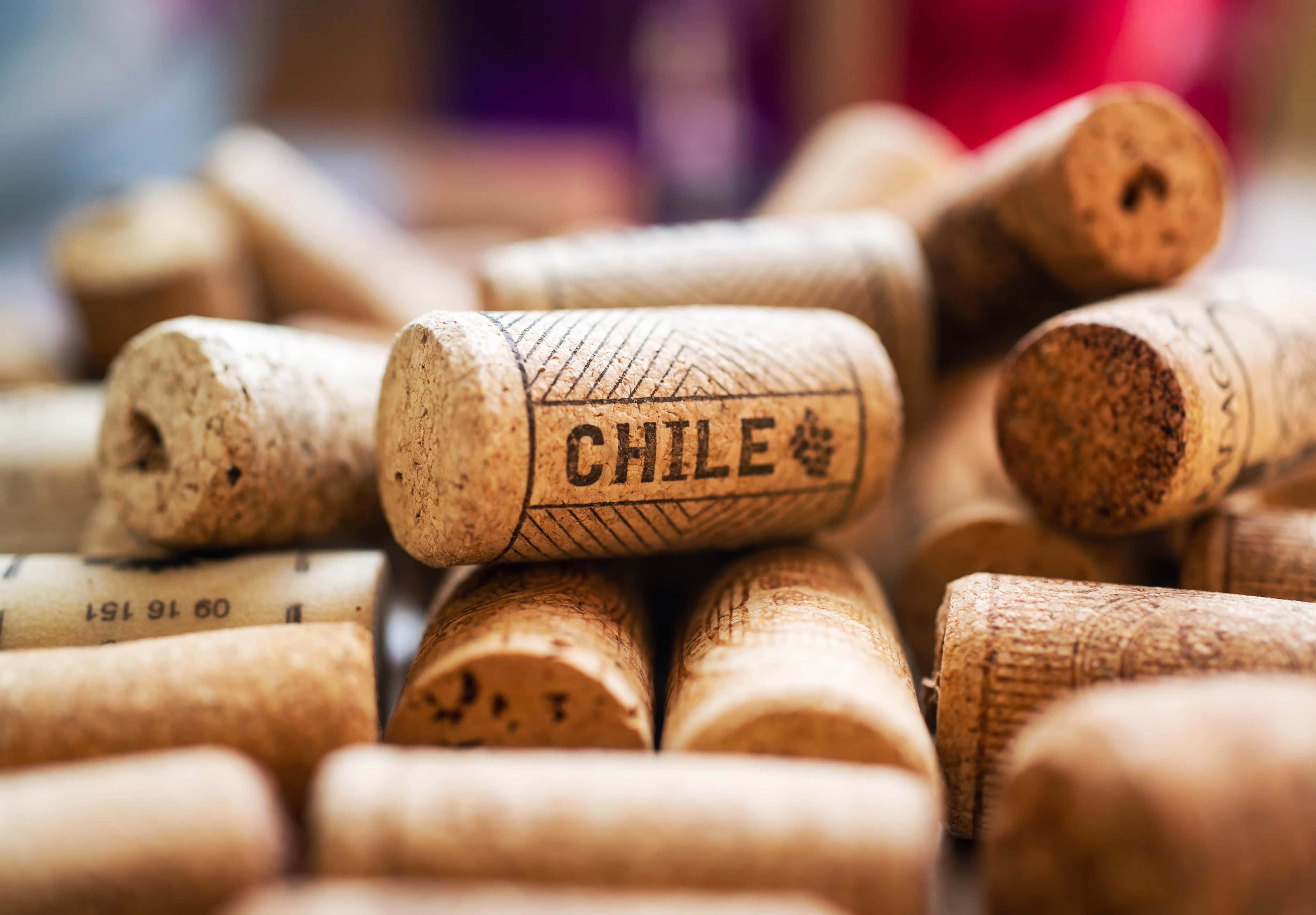 Close-up of a pile of wine corks, with one prominently stamped 'Chile' in focus, symbolizing Chilean wine production.