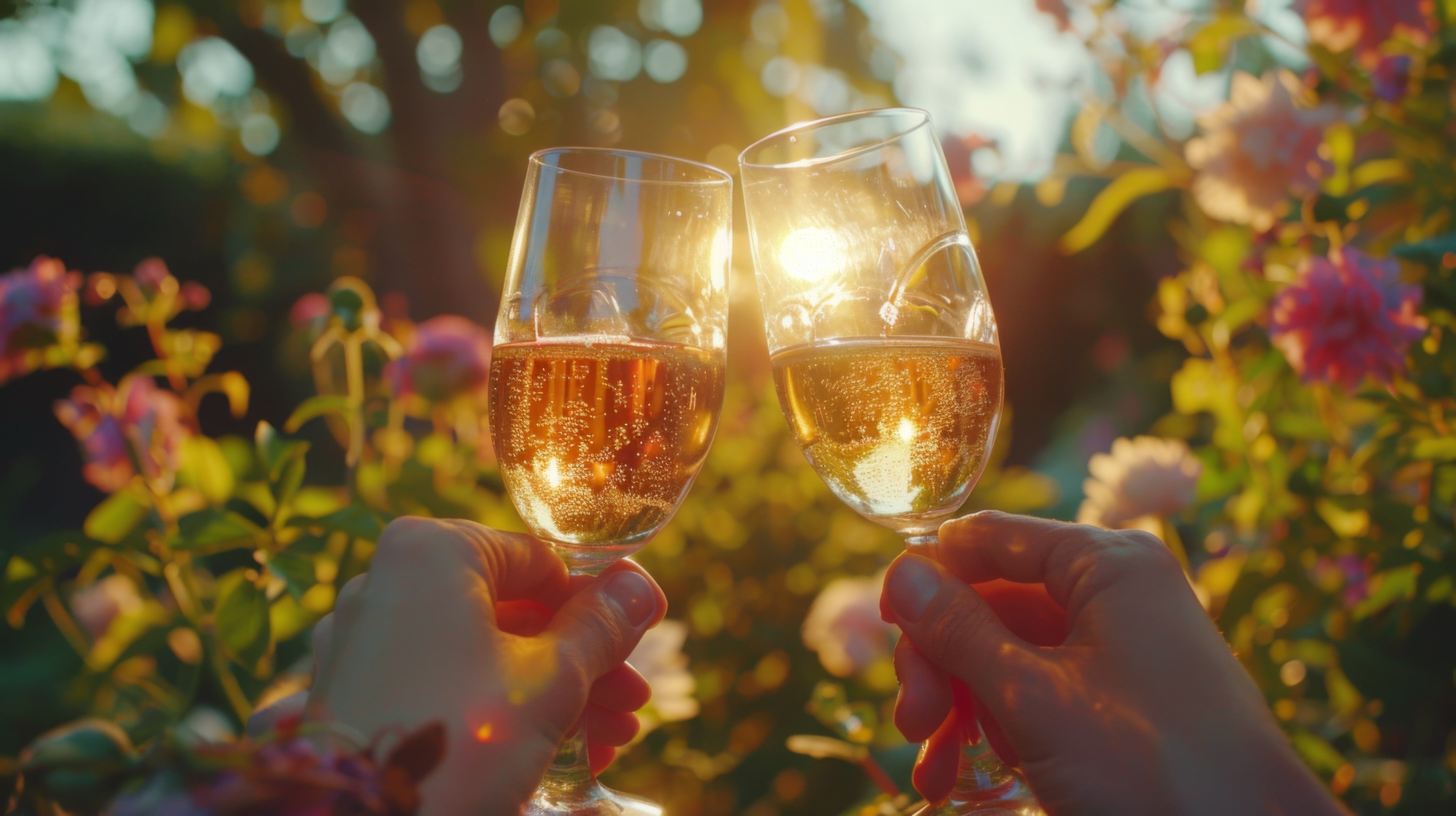 Two hands clinking glasses of sparkling wine in a sunlit garden, surrounded by blooming flowers during golden hour.