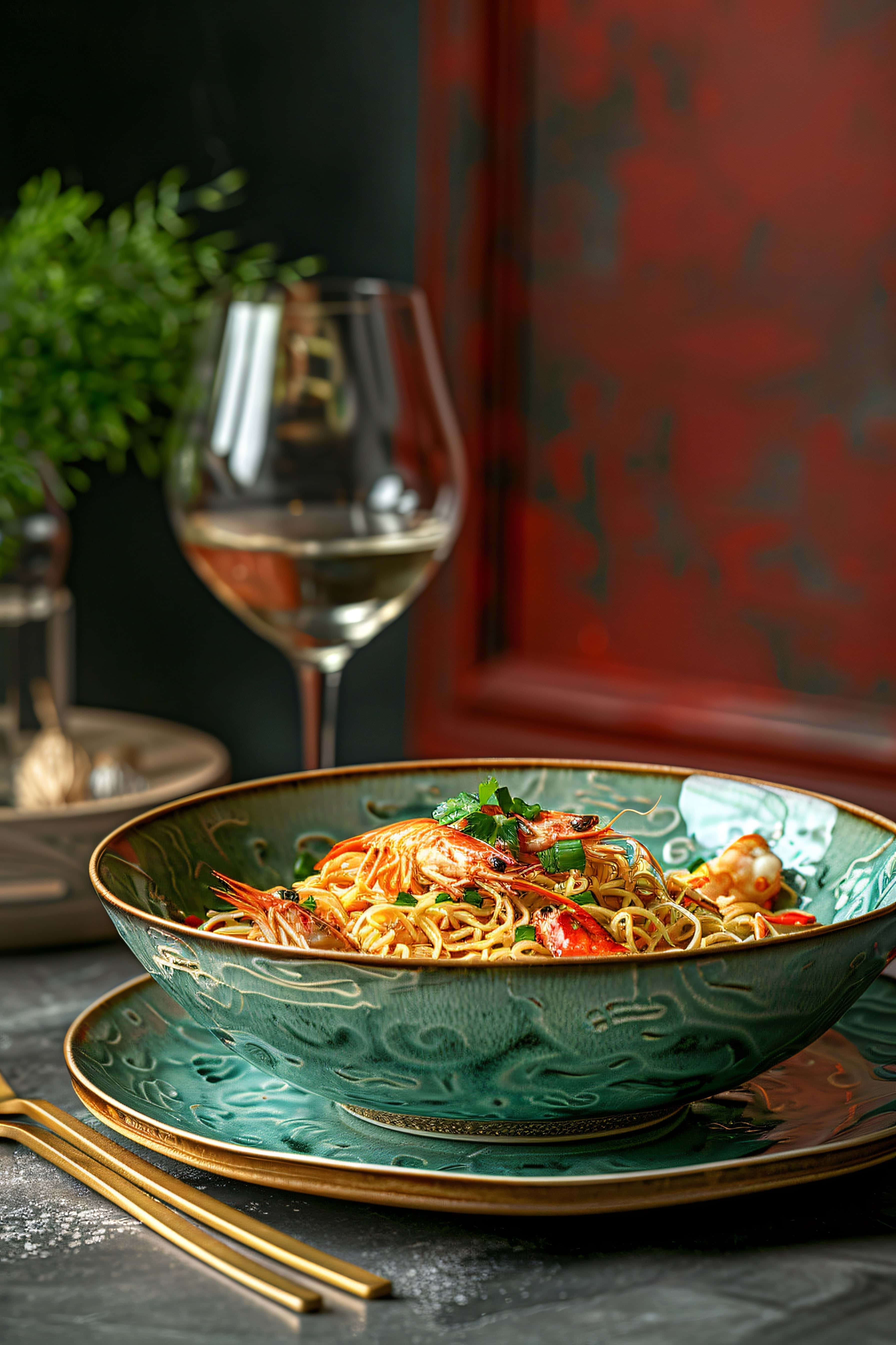 Elegant seafood noodle dish garnished with shrimp and herbs, served in a decorative green bowl, paired with a glass of white wine on a fine dining table setting.