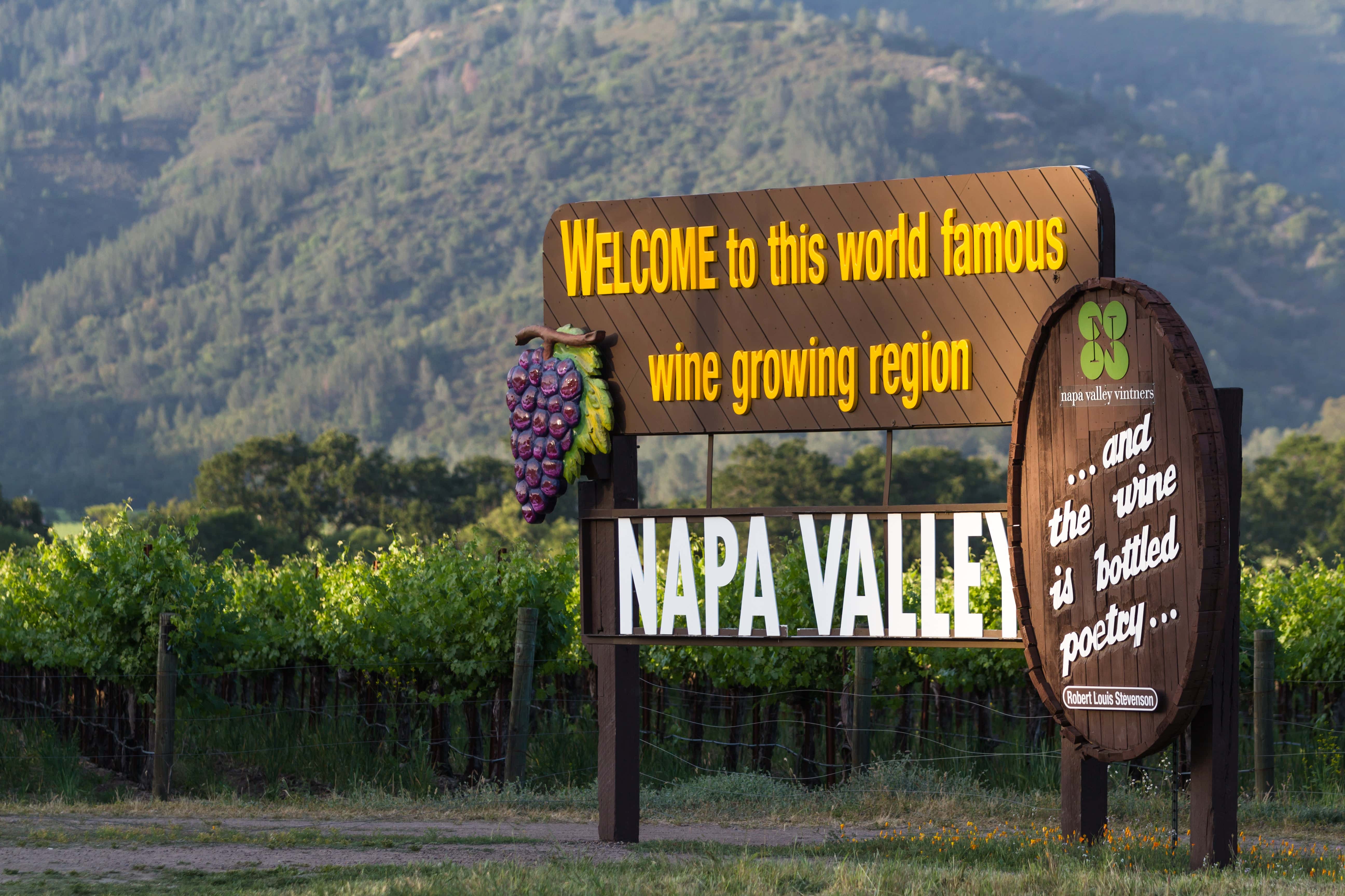 Welcome sign to Napa Valley wine country with vineyards and forested hills in the background, highlighting the region's world-famous wine growing reputation.