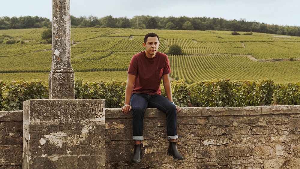 Man in a red shirt and jeans sitting on a stone wall with a vineyard stretching across rolling hills behind him.